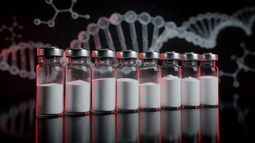 GLP research peptide vials with lyophilized powder and molecular structures