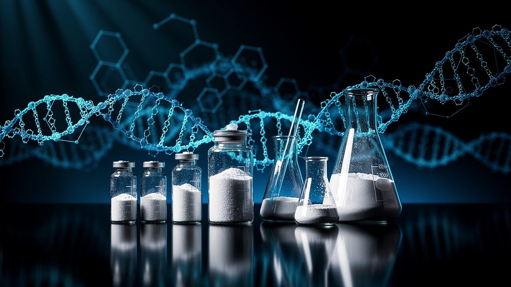 Research peptide blend vials and laboratory flasks