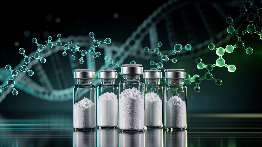Recovery research peptide vials with molecular structures