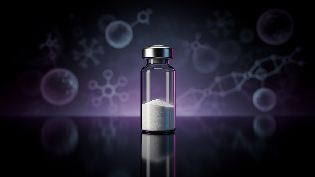 Skin and cellular research peptide vial with molecular structures