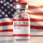 American Peptides BPC-157 / TB-500 vial in front of an American flag