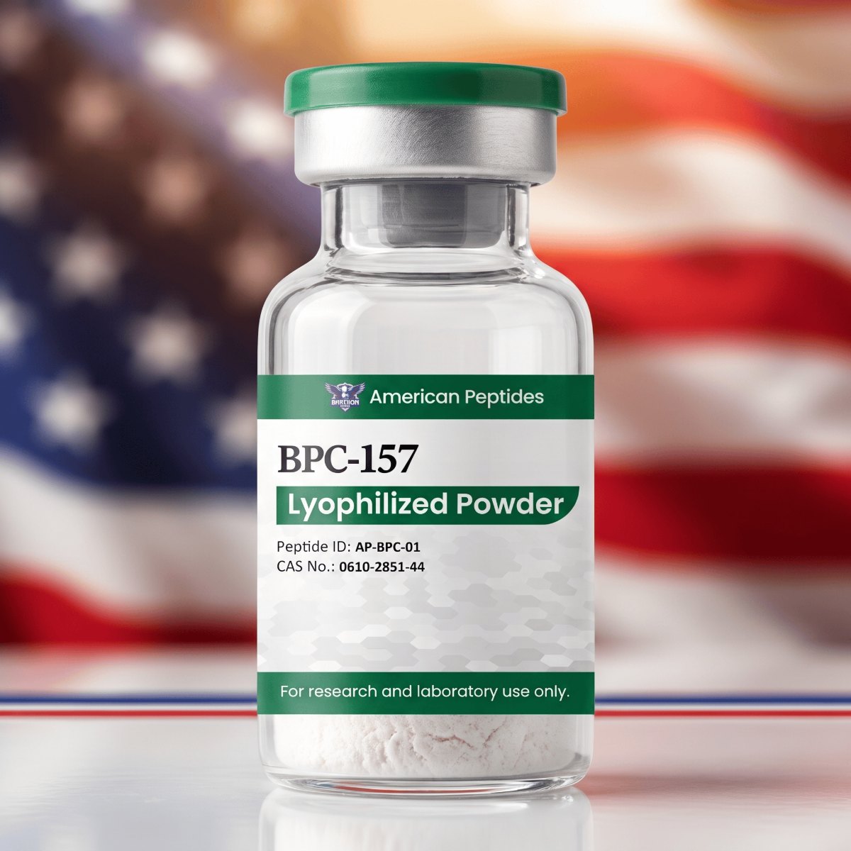 American Peptides BPC-157 vial in front of an American flag