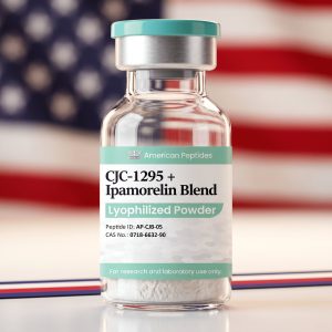 American Peptides CJC-1295 + Ipamorelin Blend vial in front of an American flag
