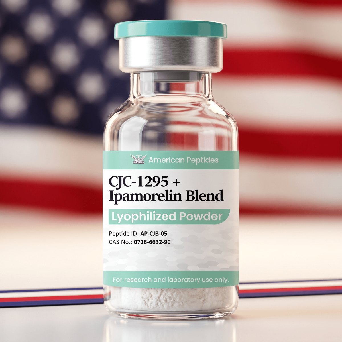 American Peptides CJC-1295 + Ipamorelin Blend vial in front of an American flag