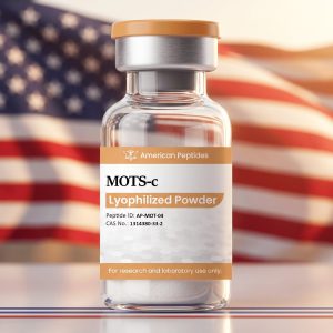 American Peptides MOTS-c vial in front of an American flag
