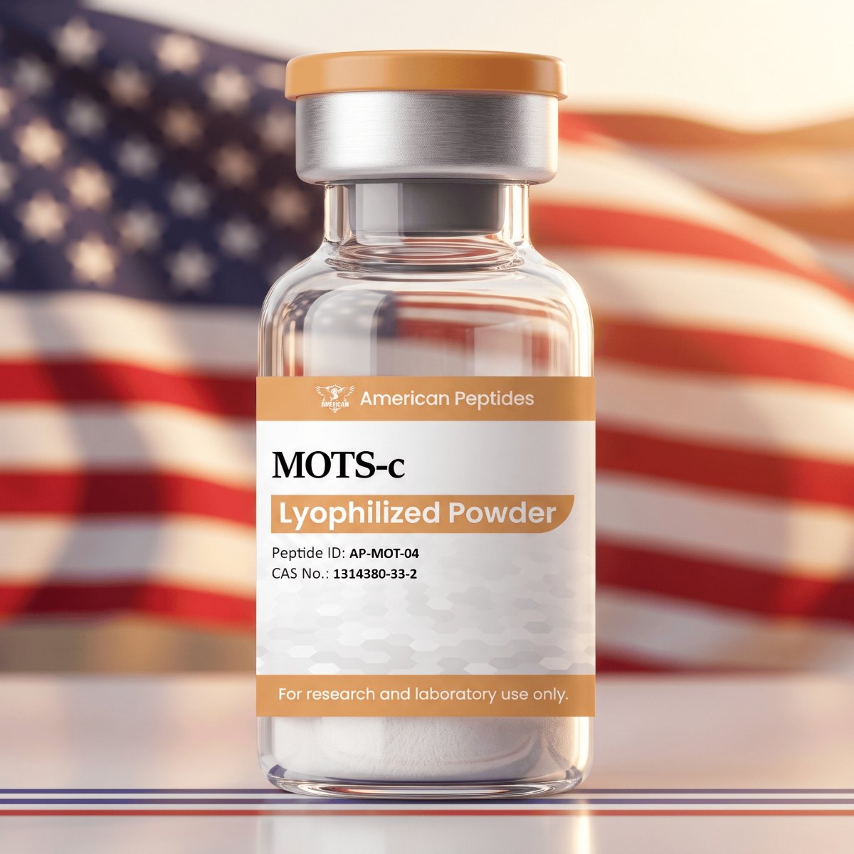 American Peptides MOTS-c vial in front of an American flag