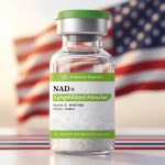 American Peptides NAD+ vial in front of an American flag