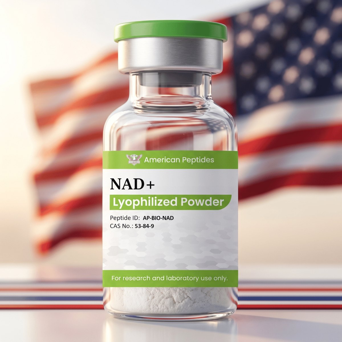 American Peptides NAD+ vial in front of an American flag
