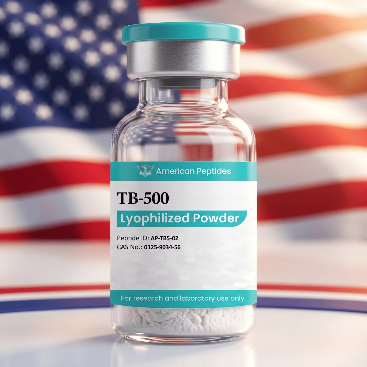 American Peptides TB-500 vial in front of an American flag