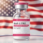 American Peptides BAP-2 TRZ vial in front of an American flag