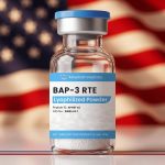 American Peptides BAP-3 RTE vial in front of an American flag