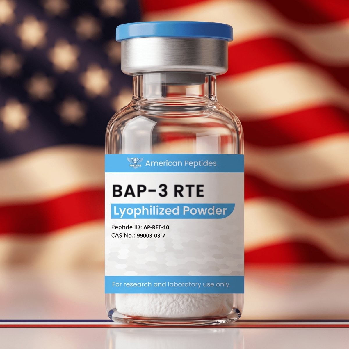 American Peptides BAP-3 RTE vial in front of an American flag