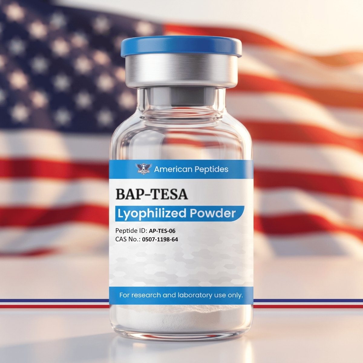 American Peptides BAP-TESA vial in front of an American flag