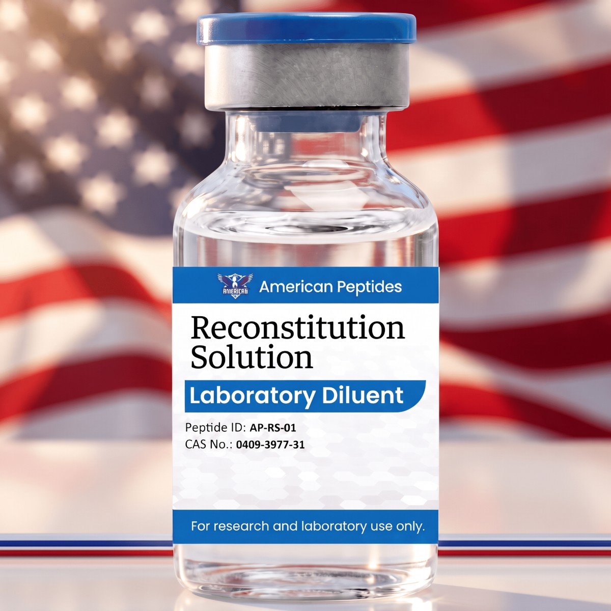 American Peptides Reconstitution Solution vial in front of an American flag